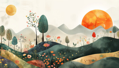 Obraz premium Cute landscape of hills and mountains, exposed paint textures, soft trees, negative space, yellow sun, eccentric, collage and gouache paint textures, sweet illustration style, childrens book