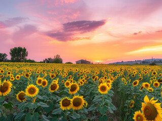 Fototapeta premium view of beautiful sunflower farm during sunset - ai