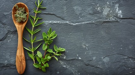 Wooden spoon and herbs placed on a gray slate surface, visually appealing and isolated for generous text space, studio lighting