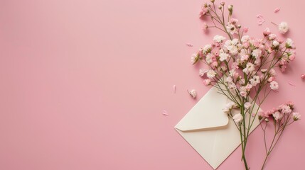 Fototapeta premium Top view of flowers beside an envelope, providing ample space for text or graphics, perfectly isolated with a pink background