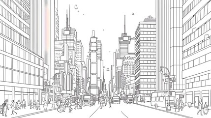 Fototapeta premium The city street is full of people and traffic. There are tall buildings on both sides of the street.