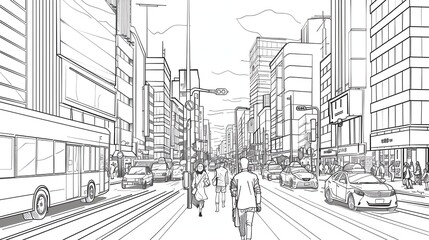 The image is a black and white line drawing of a busy urban street with a bus, cars, and people crossing the road.