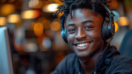 Smiling Young Man Enjoying Music Through Headphones