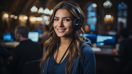 Young Woman Wearing Headphones in Tech Setup
