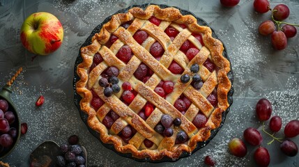 Studio-lit top view of a visually appealing pie with grapes and fruit, set on an isolated table for advertising purposes