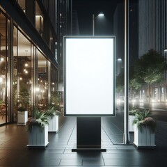Mockup With Blank white vertical advertising banner billboard stand on the sidewalk at night