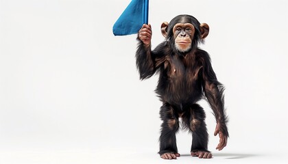 Chimpanzee Holding a Blue Flag on White Background
