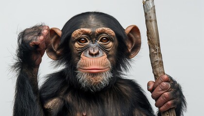 Young Chimpanzee Holding a Stick Portrait
