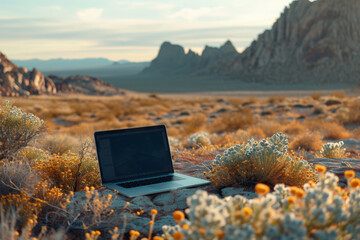 Laptop Against Desert Landscape Background, Digital Nomad's Secluded Place in Desert