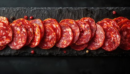 Sliced Spicy Salami on Wooden Plank