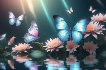 Dreamlike of a fluttering butterfly and flowers reflected in a still body of water.