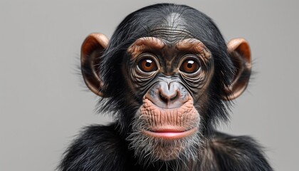 Portrait of a Young Chimpanzee Against Gray Background