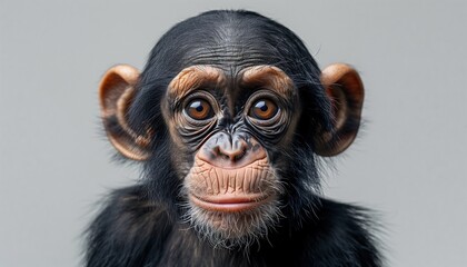 Young Chimpanzee Portrait Against Grey Background