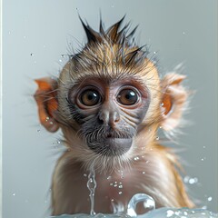 Wet Baby Monkey Emerging from Water