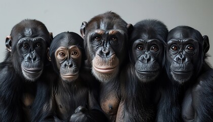 Intimate Portrait of Five Chimpanzees Grouped Together