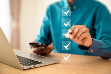 Checklist, businessman using checklist survey, filling out digital form checklist, take an...