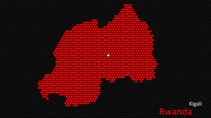 A map of Rwanda, with a dark background and the country's outline in the shape of a colored hexagon, centered around the capital. A simple sketch of the country