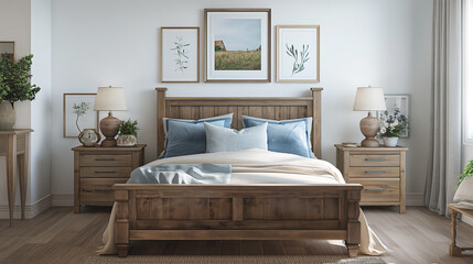  Amidst the charm of a rustic farmhouse bedroom, a sturdy wooden bed with sky-blue pillows exudes coziness and warmth, flanked by two antique bedside cabinets.