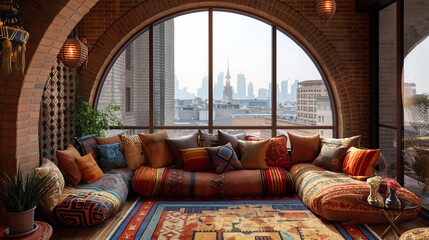  A magical attic hideaway transformed into a whimsical reading nook, plush bean bags scattered across a colorful rug, fairy lights twinkling from the rafters