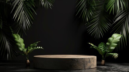 High quality product display stage with palm leaves on black