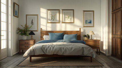 Fototapeta premium A rustic wooden bed adorned with blue pillows and flanked by two bedside cabinets against a pristine white wall adorned with three poster frames depicting serene landscapes.