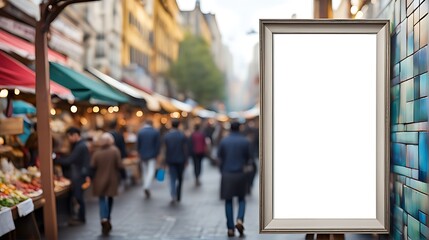  Blur city market background with blank ad frame for advertise product. 