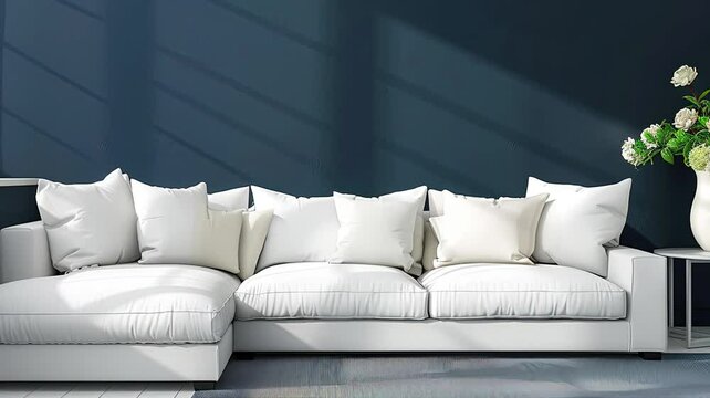 Interior of living room. Flowers in a vase with white sofa and navy wall. Modern minimalist living room.