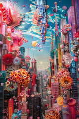 Fototapeta premium Allergens magnified to reveal intricate details, presented against an imaginative and colorful cityscape background