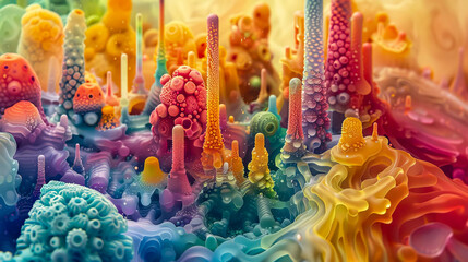 Artistic depiction of asthma triggers under a microscope, featuring a visually stunning and strange city of colors