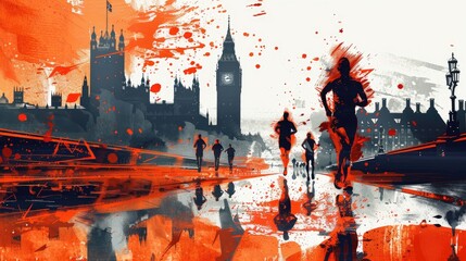 Runners racing in London marathon, poster, illustration.