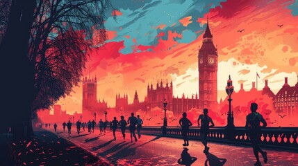 Runners racing in London marathon, poster, illustration.