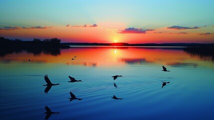 sunset on the lake with swans