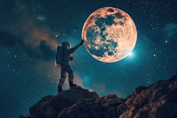 Space suit, standing on top of a mountain, reaching out to touch the full moon