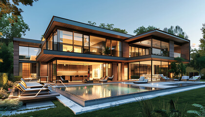 a modern house with a swimming pool surrounded by lush greenery, featuring large glass windows and white chairs, set against a clear blue sky