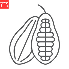 Cocoa pod line icon, cocoa beans and chocolate, cacao vector icon, vector graphics, editable stroke outline sign, eps 10.