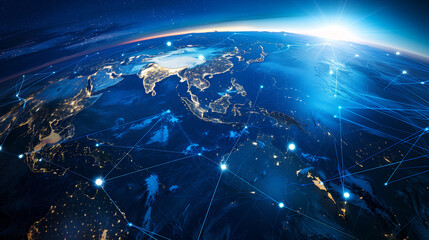 "Digital world globe focused on South East Asia, idea of worldwide network and connections on Earth, data moving and cyber tech, info exchange and global telecommunication"