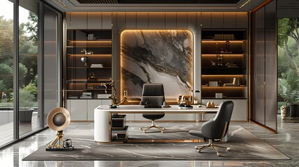 A minimalist CEO office with glass walls, a black leather executive chair, and a white lacquered...