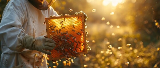 Realistic image of a beekeeper at work with a frame of honeycomb, sunlit apiary in the background - Powered by Adobe