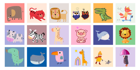 Cute cartoon animal icon character  hand drawn vector illustration set. Wild, domestic, pet animal collection.