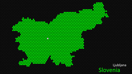 A map of Slovenia, with a dark background and the country's outline in the shape of a colored hexagon, centered around the capital. A simple sketch of the country