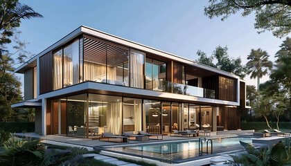 a modern house with a pool surrounded by lush greenery and a clear blue sky, featuring a large glass window and a brown chair for relaxation