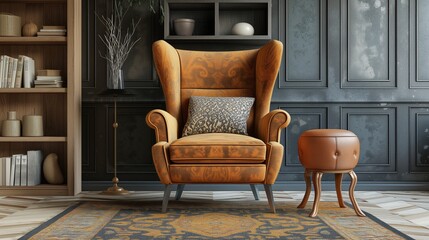 Armchair with cushion and stool in the living room