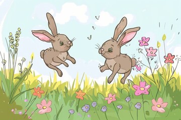 Fototapeta premium Cartoon cute doodles of a pair of rabbits hopping through a field of flowers, chasing each other in circles and twitching their noses in, Generative AI
