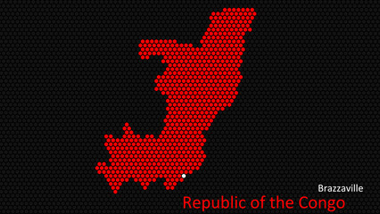A map of Republic of the Congo, with a dark background and the country's outline in the shape of a colored hexagon, centered around the capital. A simple sketch of the country