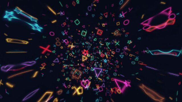 ポップでカラフルなネオンのように光る記号のアブストラクト　ループ　湾曲＆スロー回転
