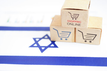 Online shopping, Shopping cart box on Israel flag, import export, finance commerce.