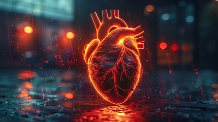 Glowing neon heart illuminated with pulsing heart rate waves, representing modern health preservation