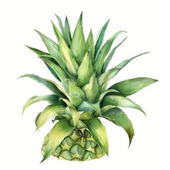 Fototapeta premium Watercolor painting of a spiky pineapple leaf with its serrated edges and vibrant green color, on isolated white background, Generative AI