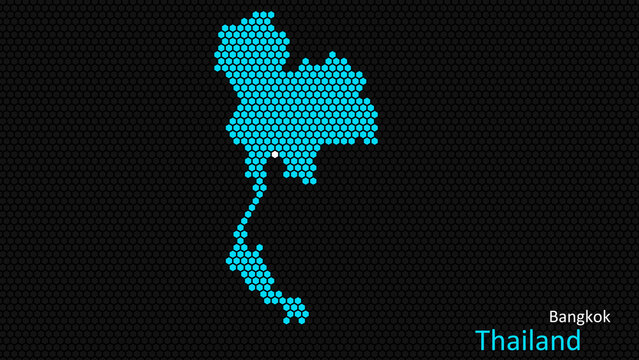 Fototapeta A map of Thailand, with a dark background and the country's outline in the shape of a colored hexagon, centered around the capital. A simple sketch of the country
