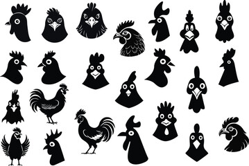 Chickens and chicken heads silhouette set. Black and white chickens vector illustrations.